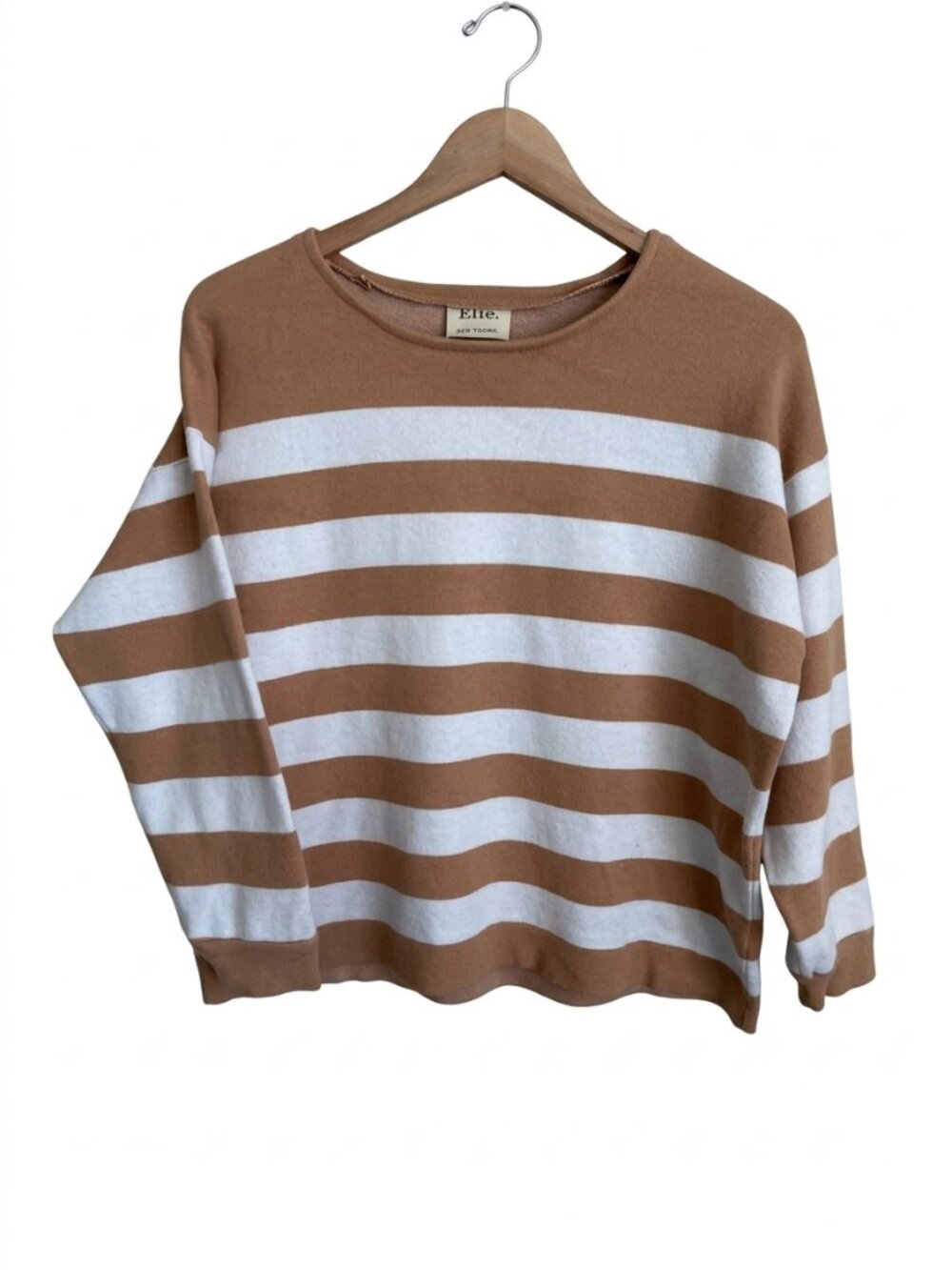 Elie Tahari Striped Crewneck Sweater Camel Ivory Boxy Quiet Luxury Preppy Fall